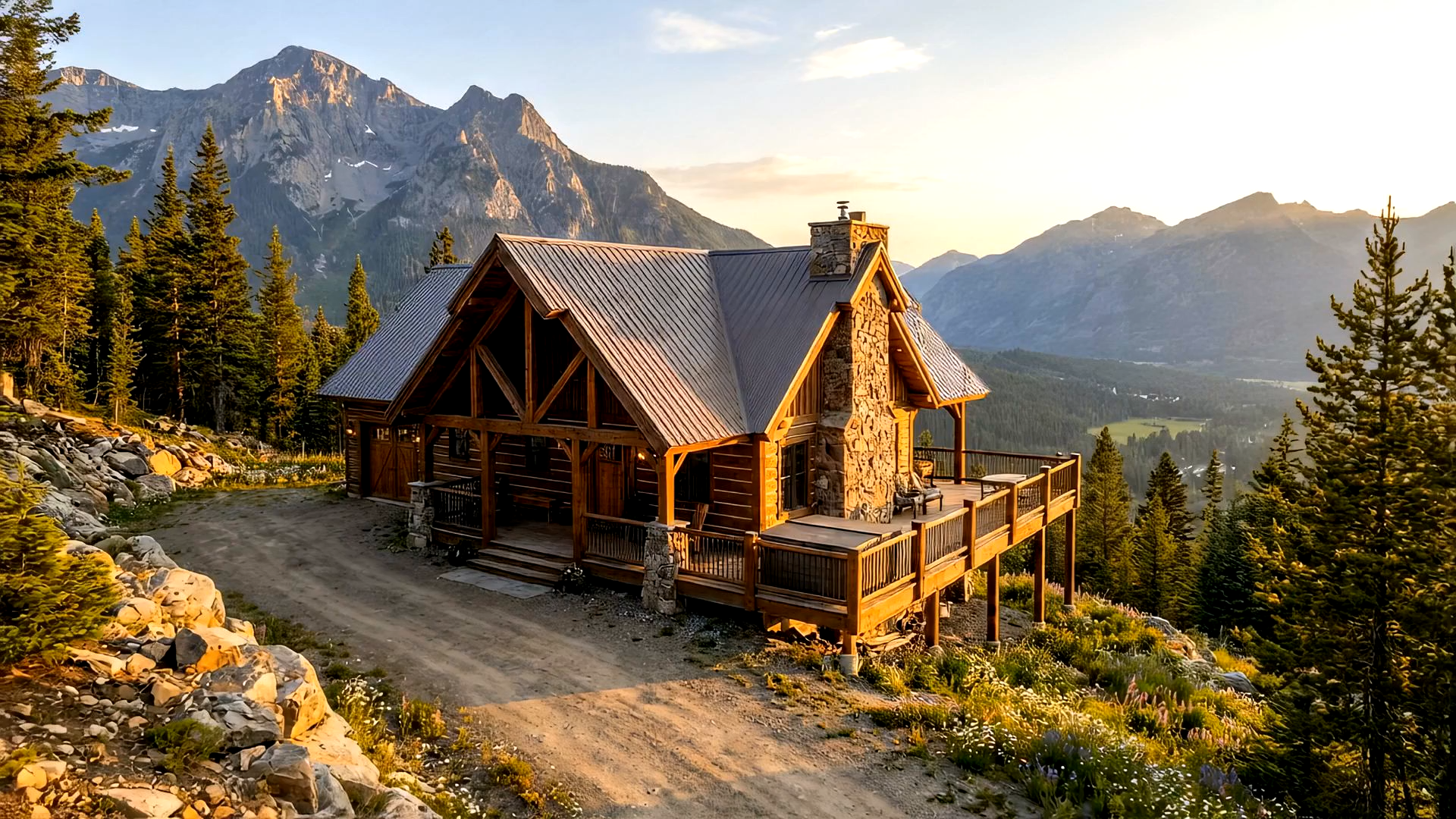 Mountain chalet exterior with scenic alpine view